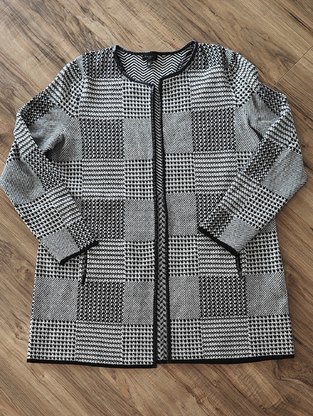 EUC Leather Trim Open Front Cardigan